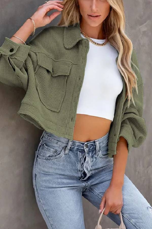 Classic Waffle Cardigan Short Top Jacket