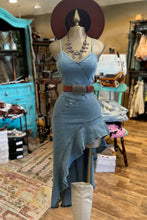 Load image into Gallery viewer, Retro Spaghetti Straps V-neck Ruffle Draped Washed Denim Midi Dress
