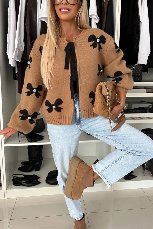 Bow Pattern Front Tie-up Long Sleeve Loose Cardigan