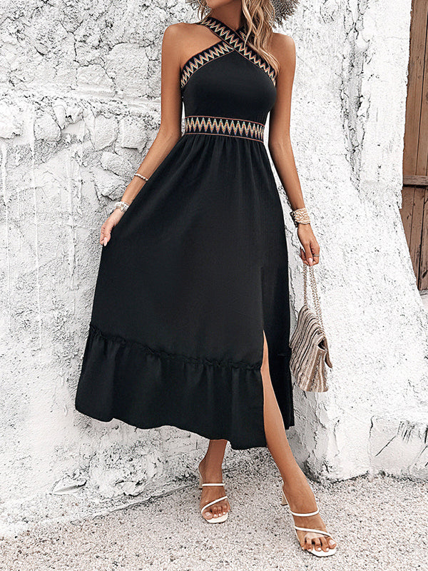 Embroidered Sleeveless Loose Halter-Neck Split Side Midi Dress