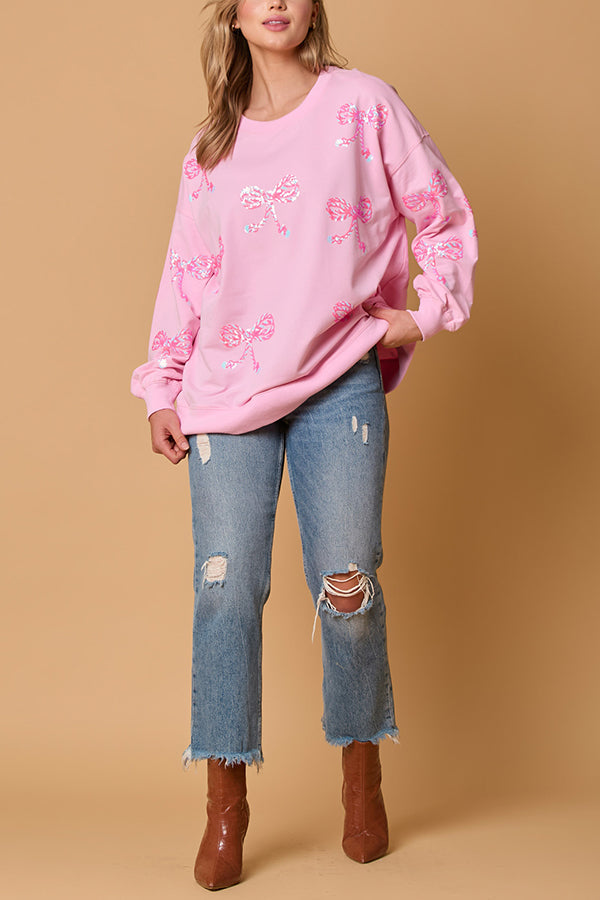 Bow Sequin Casual Loose Long Sleeve Sweatshirt