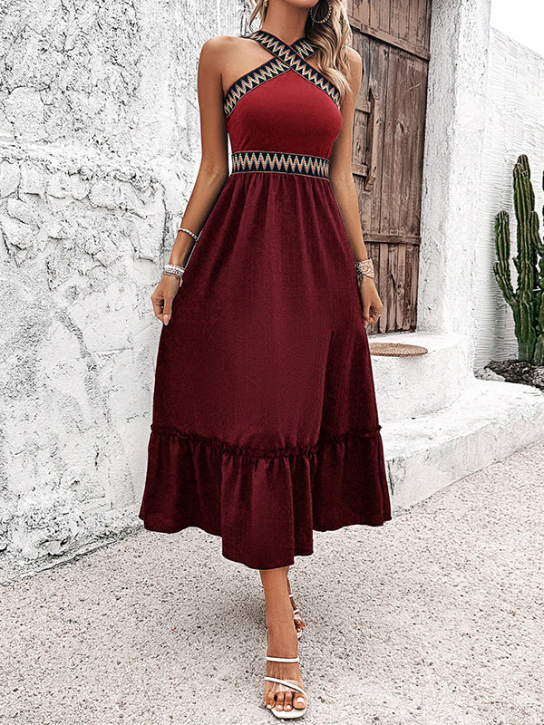 Embroidered Sleeveless Loose Halter-Neck Split Side Midi Dress