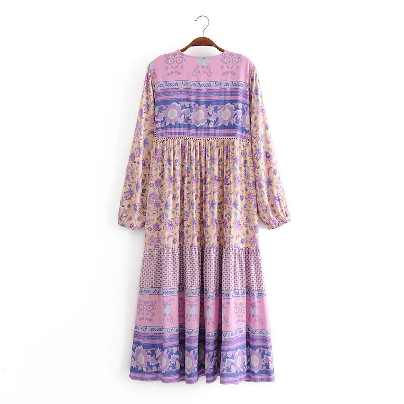 Boho Floral Print Long Sleeve Loose Maxi Dress
