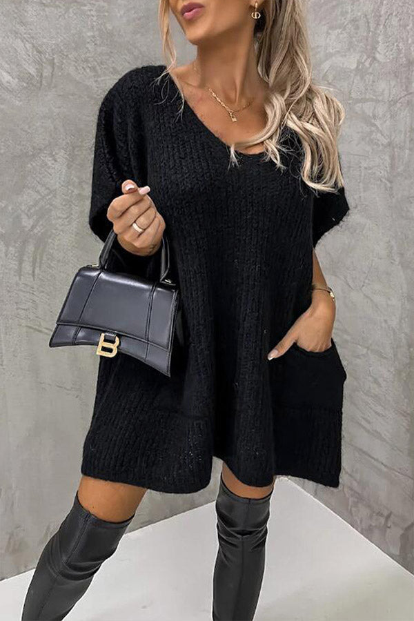 Casual Solid Pocket Short Sleeve Sweater Top