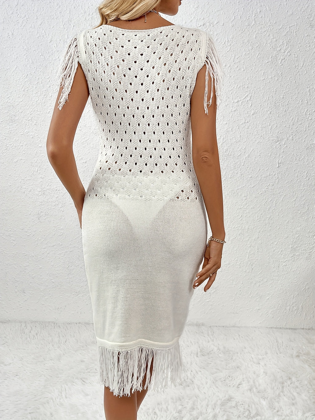 Boho Hollow Out Tassel Round Neck Knit Mini Dress