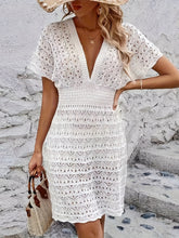 Load image into Gallery viewer, White V-neck Short Sleeves Hollow Out Mini Dress
