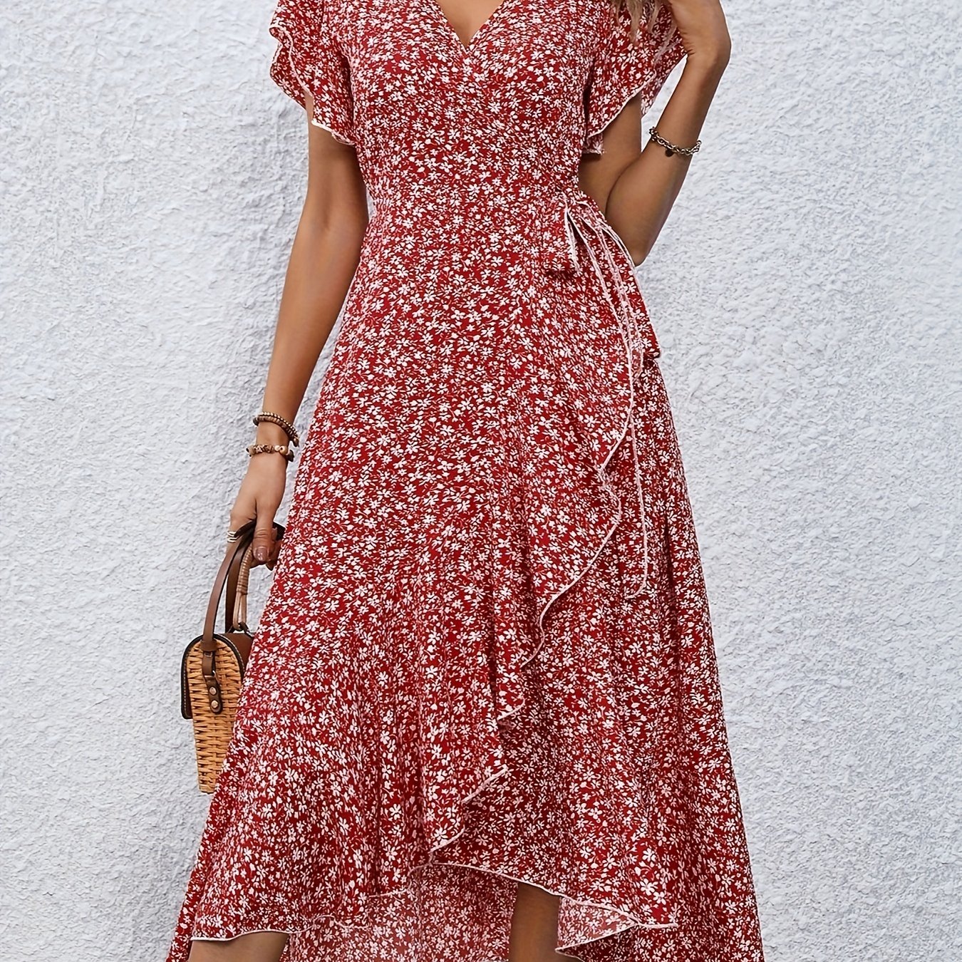 Floral Surplice Neck Tied Midi Dress