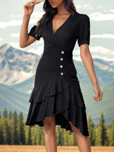 Load image into Gallery viewer, Casual Black Irregular Buttons Ruffles Mini Dress
