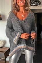 Load image into Gallery viewer, Long Sleeves Knit Striped Trim Hollow Out Loose Pullover Sweater
