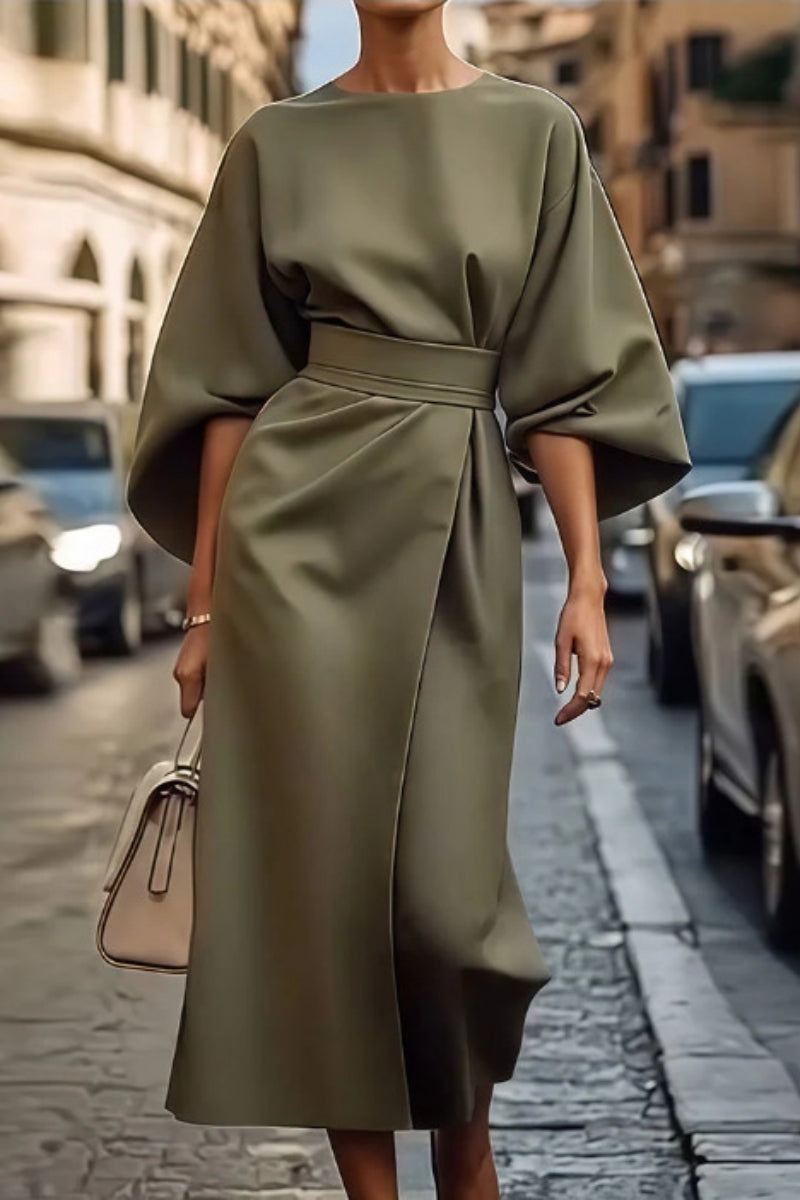 Elegant O Neck Long Sleeves Ruched Midi Dress