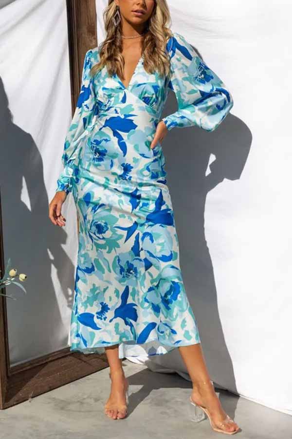 Chic Bouquet Floral Long Sleeves Hollow Out Midi Dress