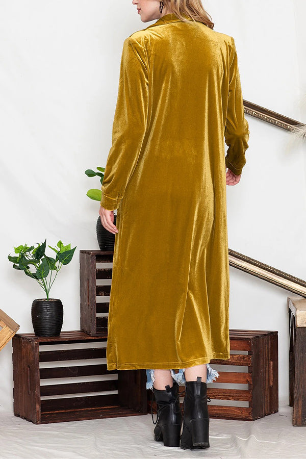 Elegant Yellow Velvet Open Front Pocket Long Coat