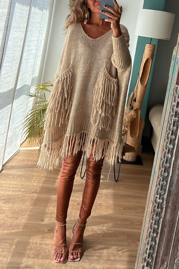 Chic Knit Fringe Detail Tassel Trim Pockets Loose Sweater