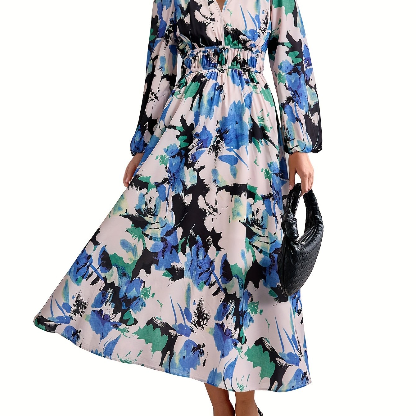 Casual Floral V Neck Long Sleeve Dress