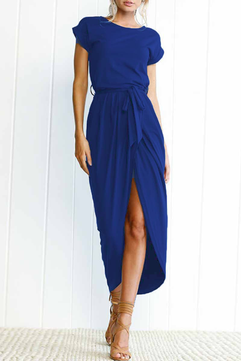 Casual Round Neck Irregular Ruched Slit Front Midi Dress