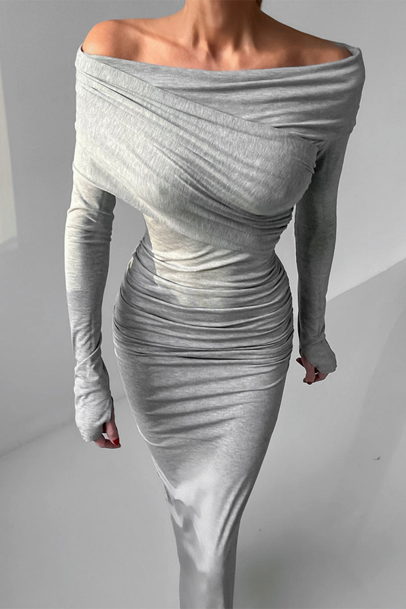 Sexy Ruched Off Shoulder Long Sleeves Bodycon Maxi Dress