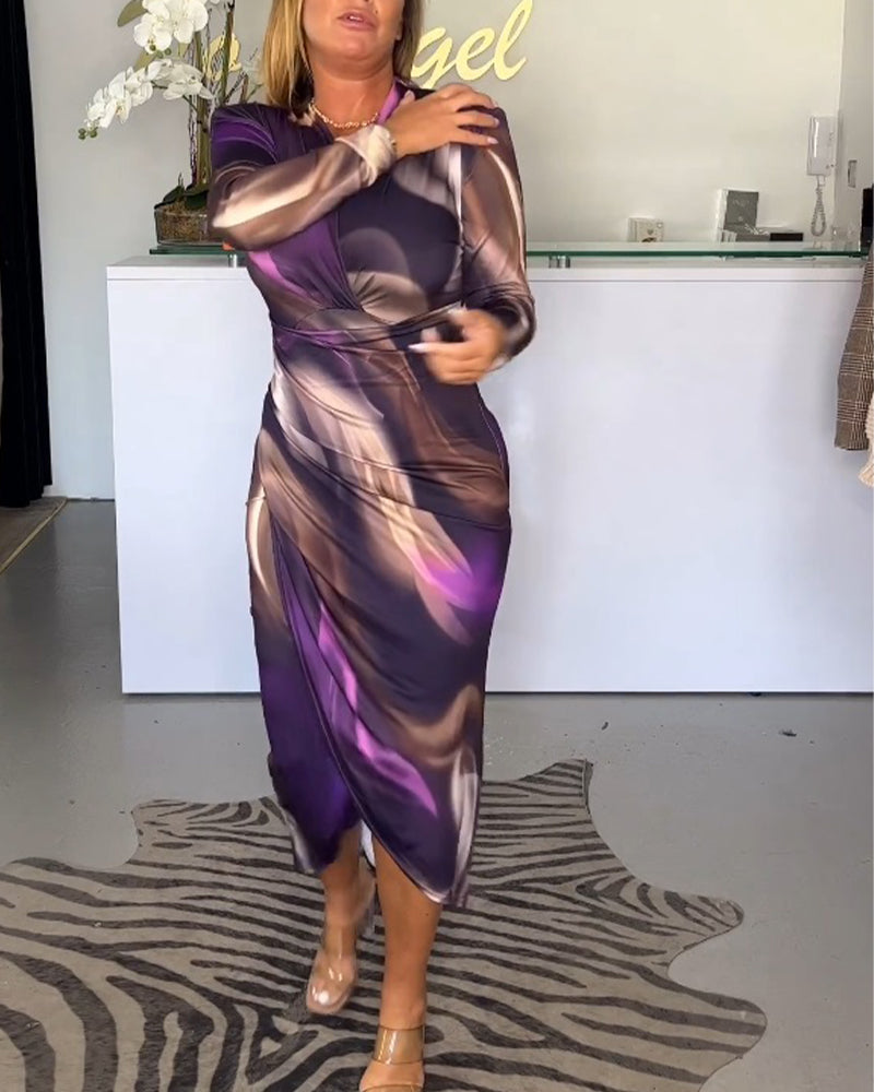 Print Long Sleeve V-neck Midi Dress