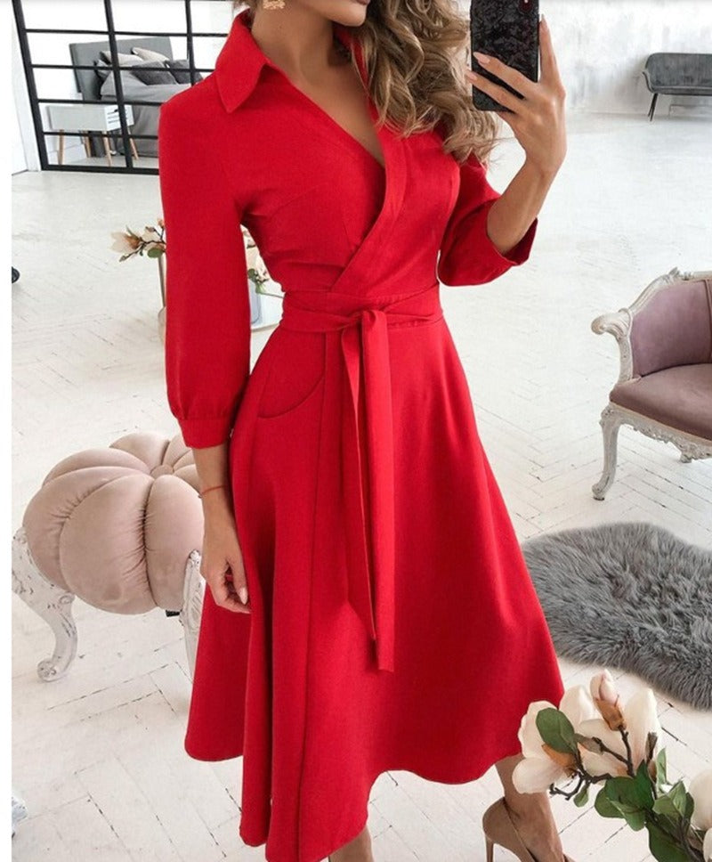 Collar Long Sleeves Wrap Midi Dress