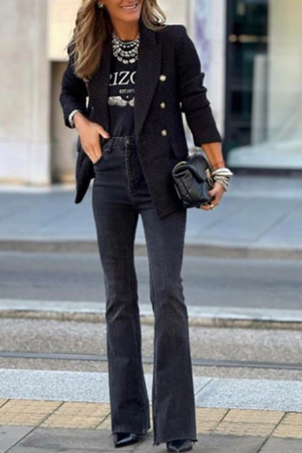 Black Lapel Buttons Tweed Blazer