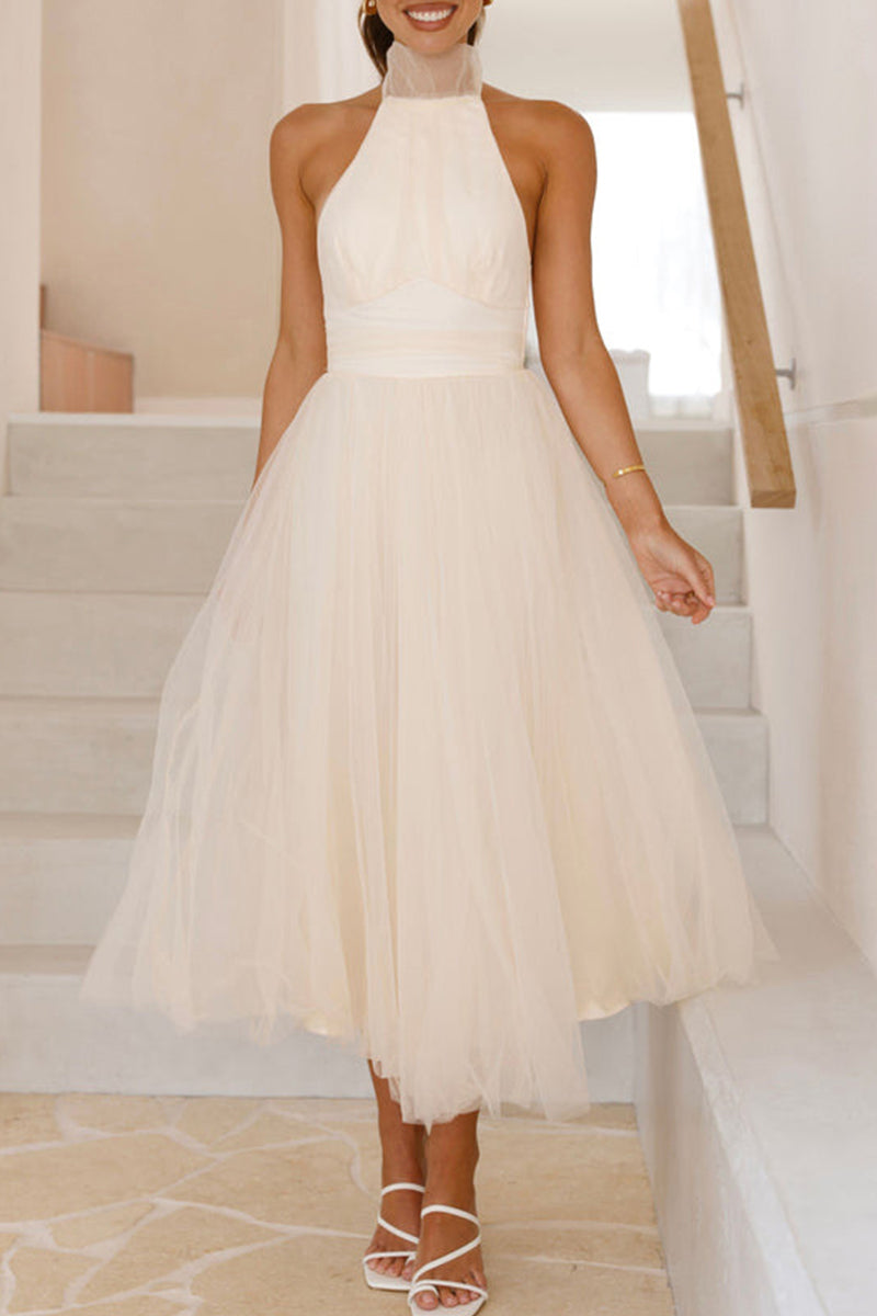 Beige Sexy Lace Up Backless Halter Princess Tulle Midi Dress