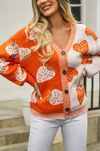 Load image into Gallery viewer, Orange Strawberry Print V-Neck Colorblock Cardigan
