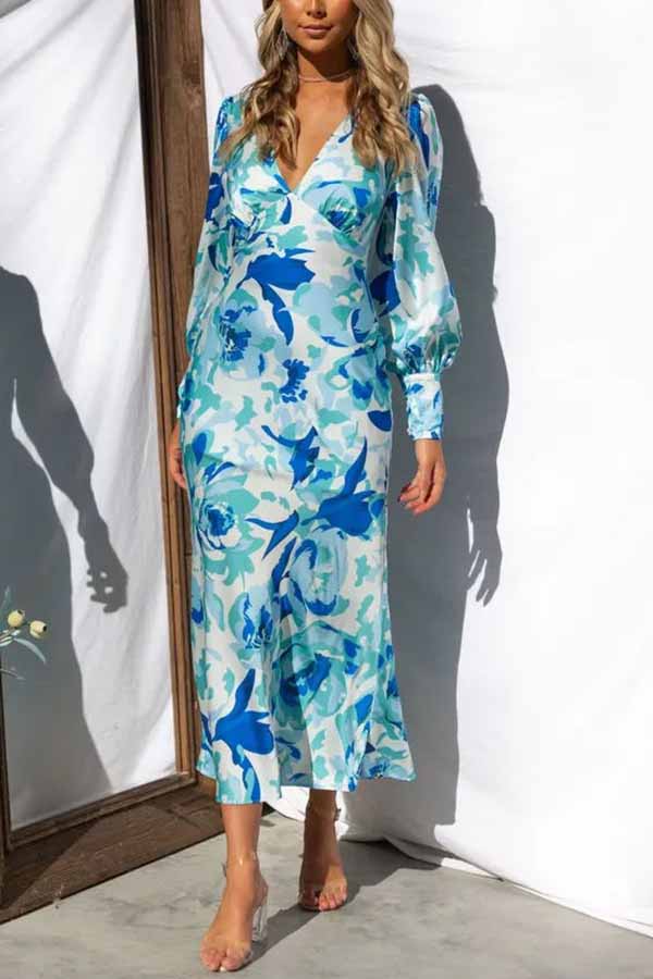 Chic Bouquet Floral Long Sleeves Hollow Out Midi Dress