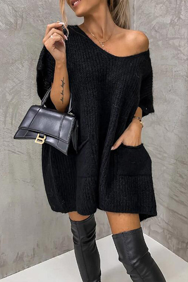 Casual Solid Pocket Short Sleeve Sweater Top