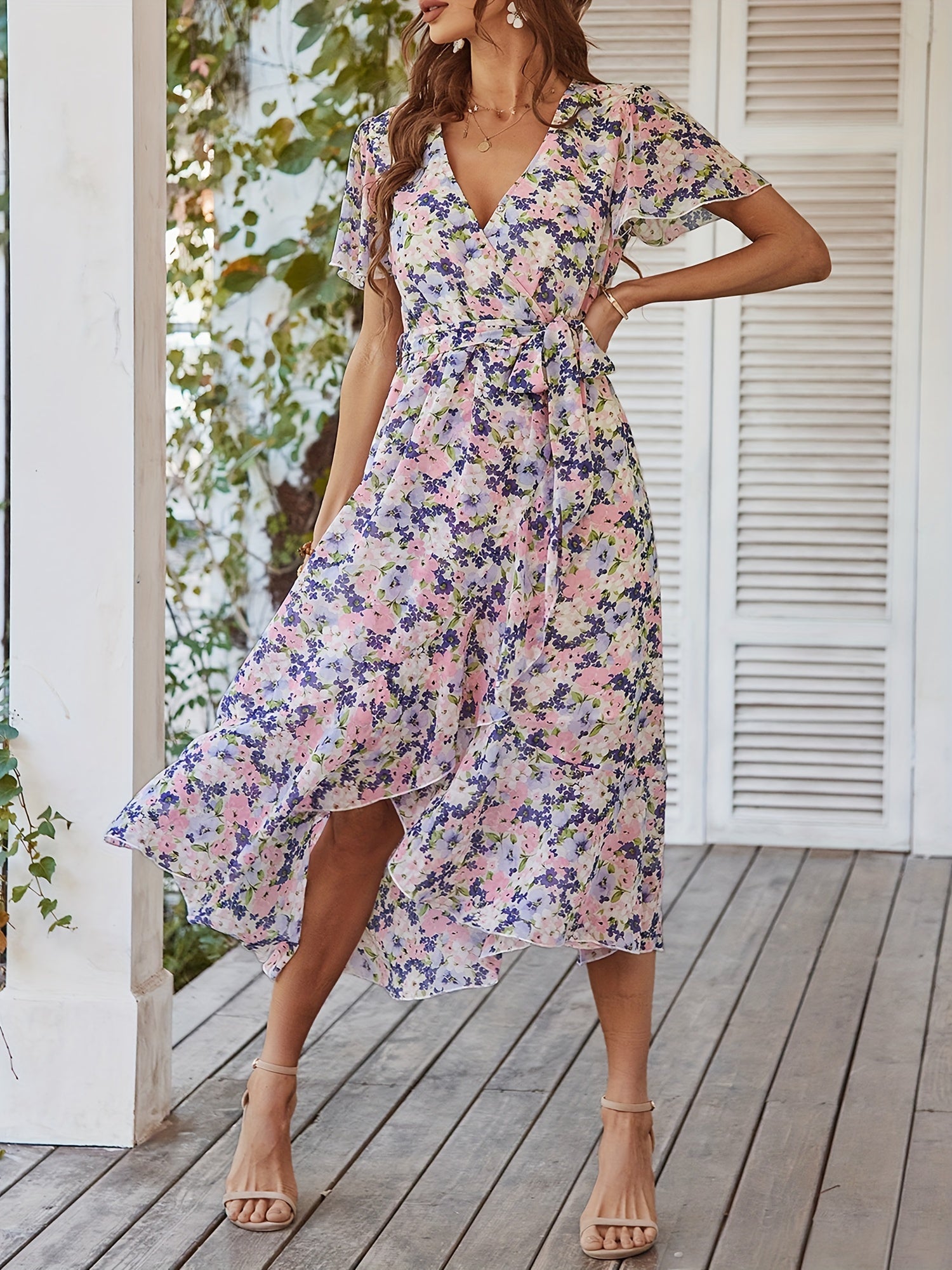 Floral V Neck Short Sleeve Ruffle Midi Dress