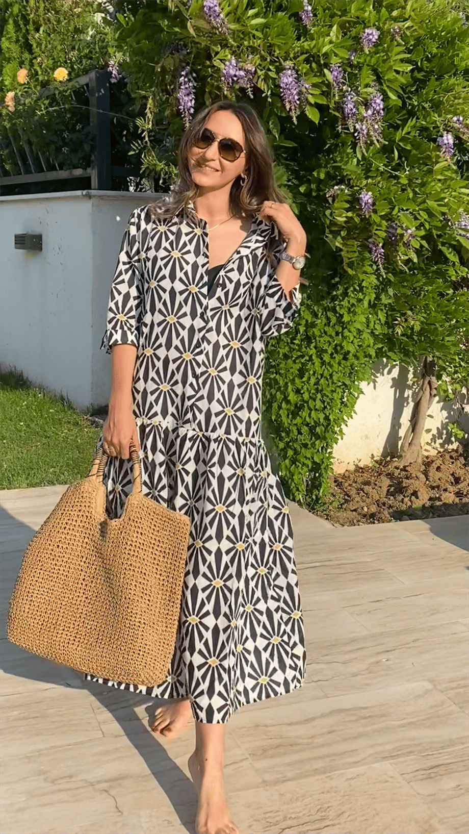 Black and White Print Long Sleeves Midi Dress