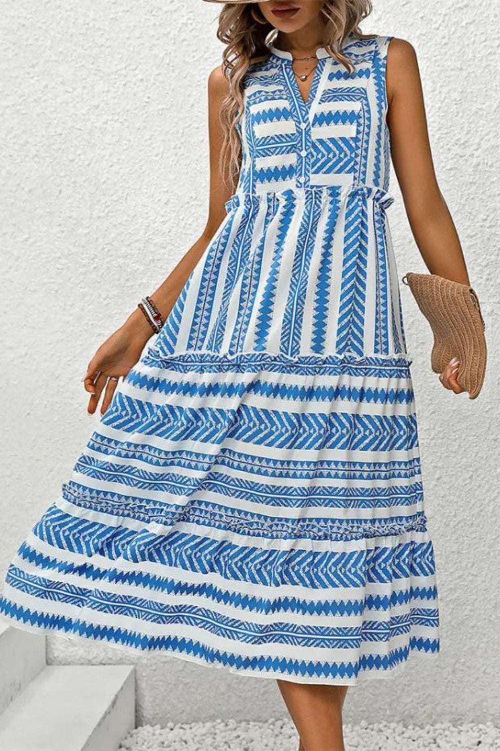 Casual Bohemian Geometric Print Sleeveless Tiered Midi Dress