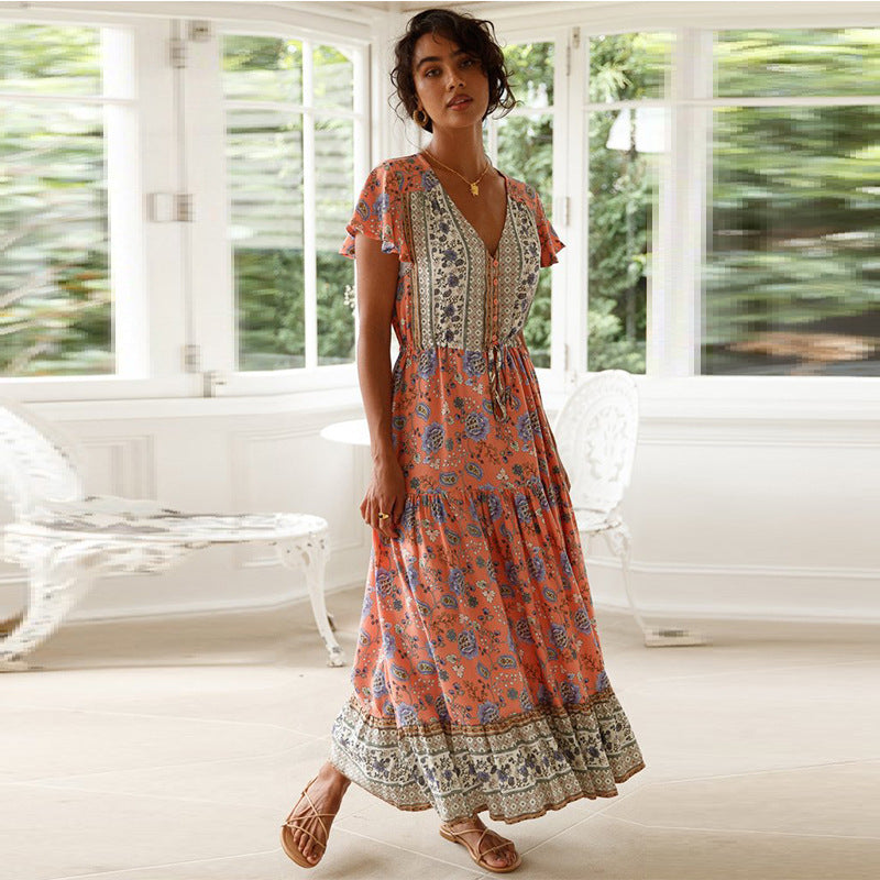 Pink Print Tiered Maxi Dress