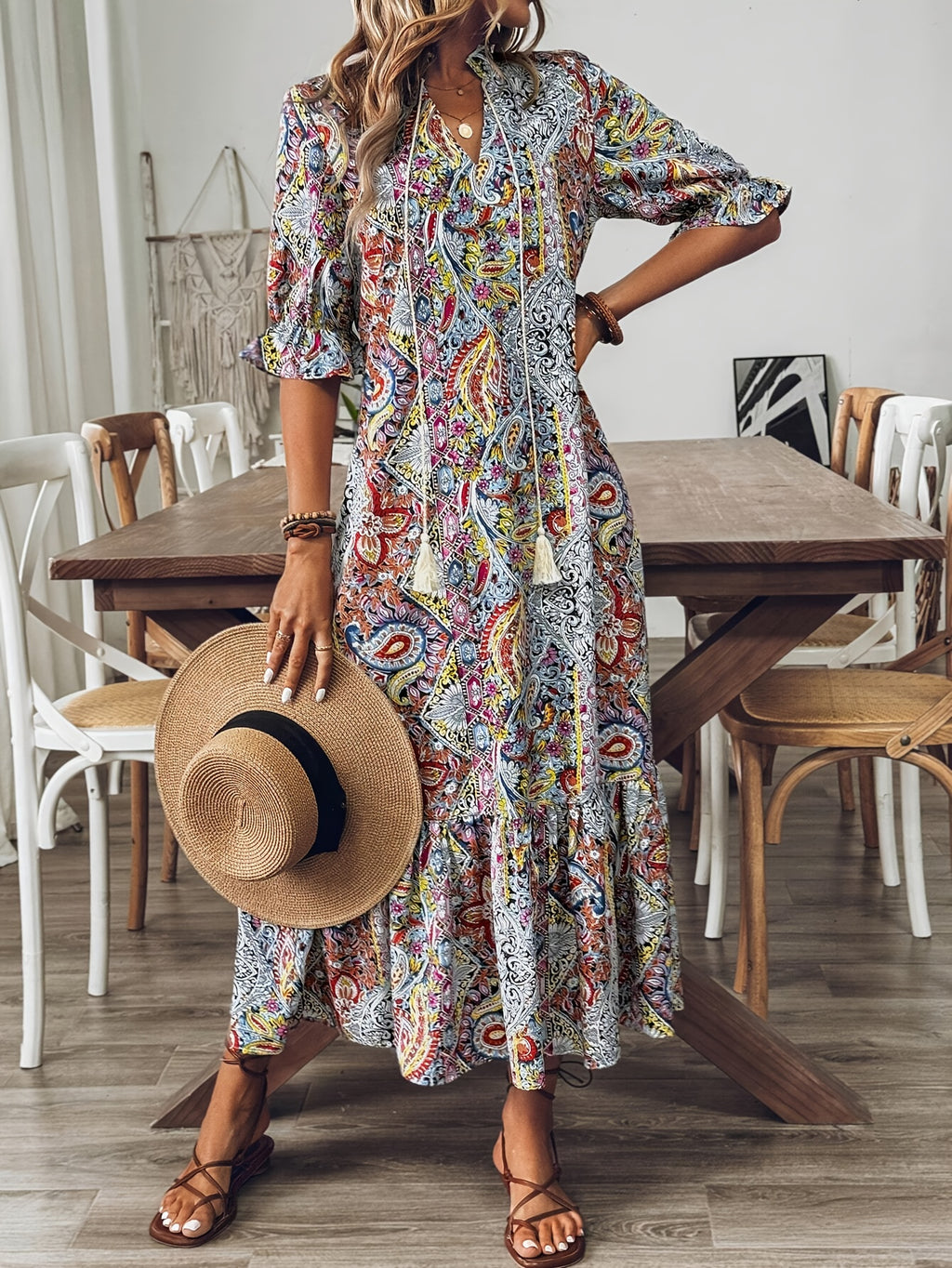 Elegant Boho Paisley Print Half Sleeves Ruffled Trimmed Midi Dress