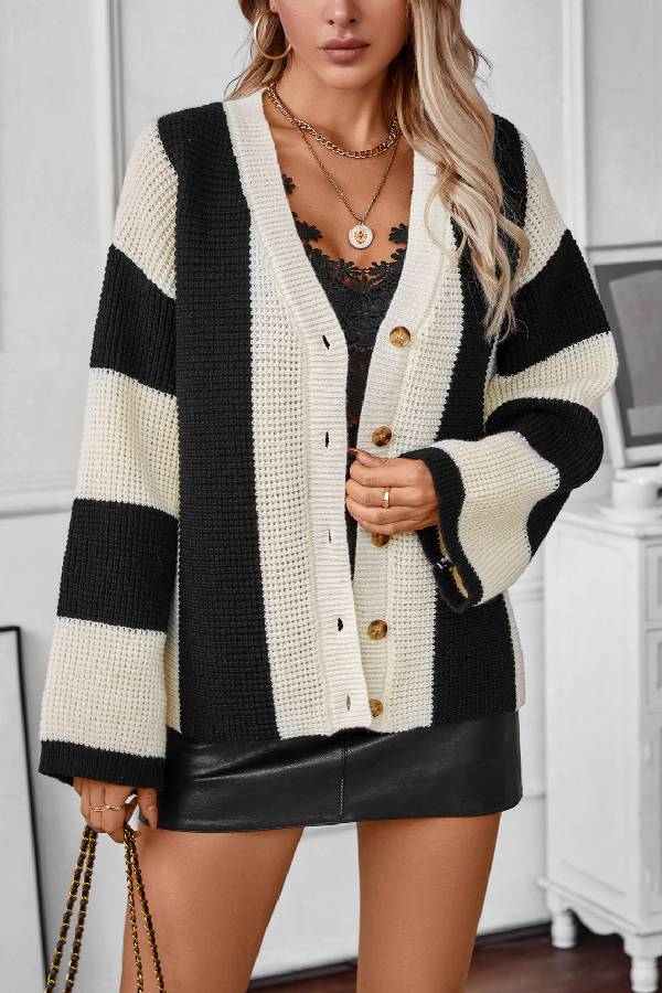 Contrast Striped Casual Loose Women's Knitted Cardigan