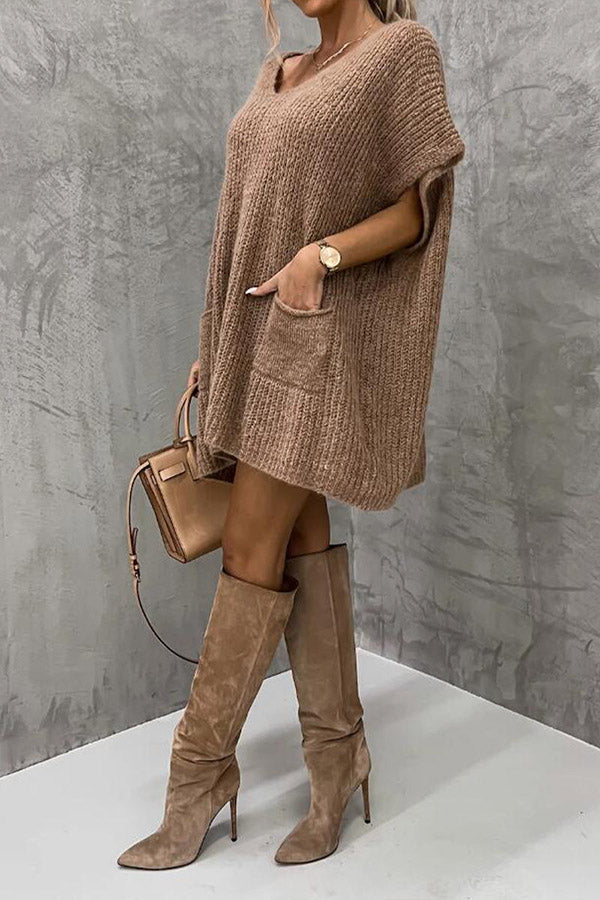 Casual Solid Pocket Short Sleeve Sweater Top