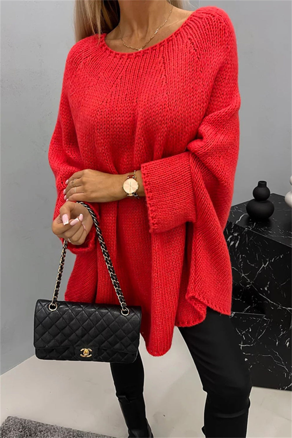 Casual Knit Crew Neck Poncho Loose Sweater