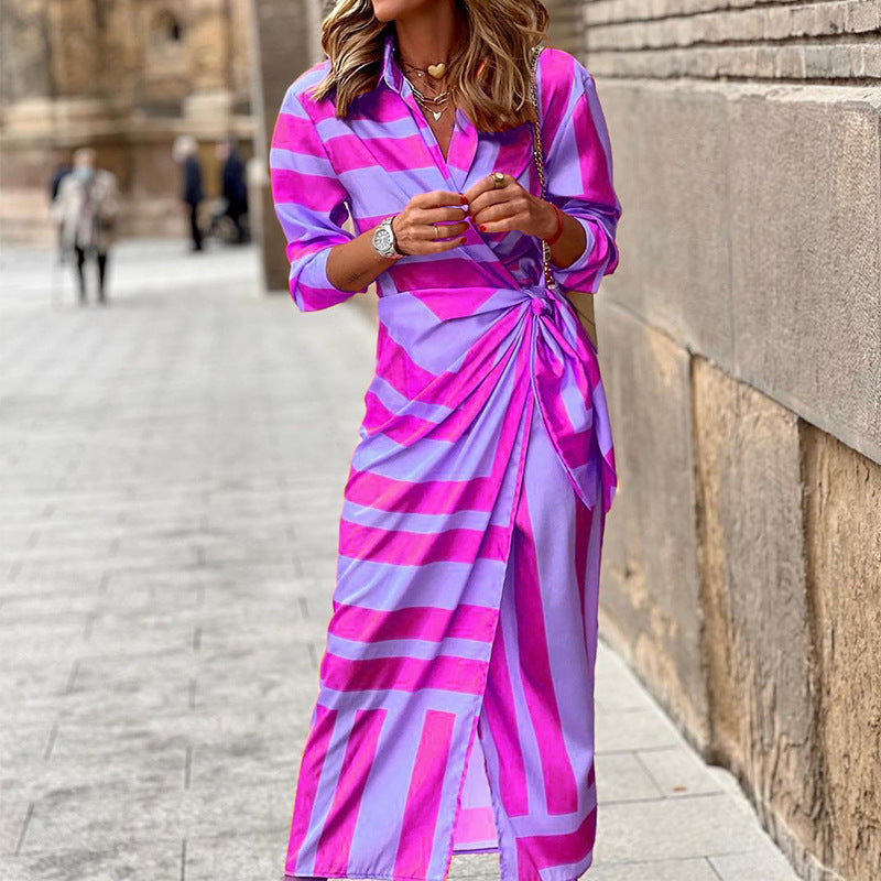 Elegant Printed Long Sleeves Ruched Midi Dress