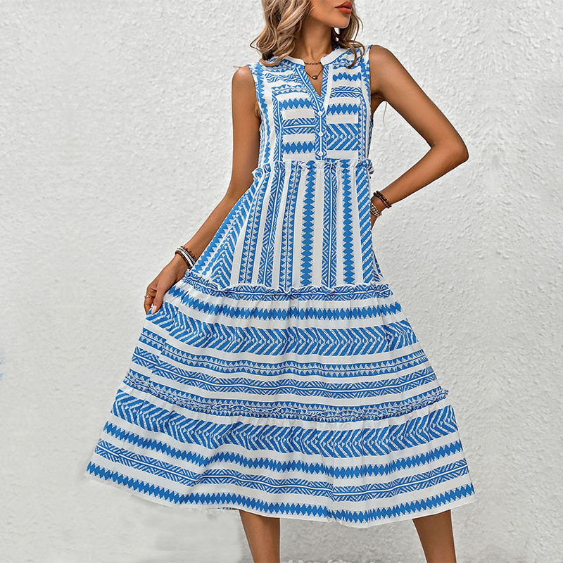 Casual Bohemian Geometric Print Sleeveless Tiered Midi Dress