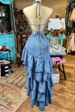 Load image into Gallery viewer, Halterneck Cutout Ruffled Asymmetrical Denim Midi Dress
