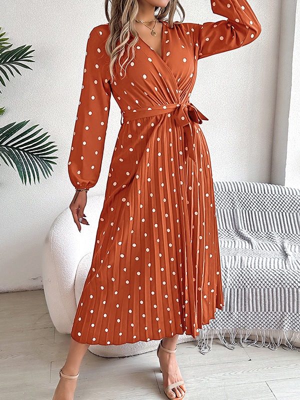 Classic V-neck Long Sleeves Polka Dots Print Midi Dress