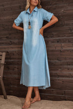 Load image into Gallery viewer, Collar Short Sleeves Slit Side Demin Midi Dress
