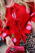 Load image into Gallery viewer, Cherry Embroidered Tied Up Cardigan Sweater

