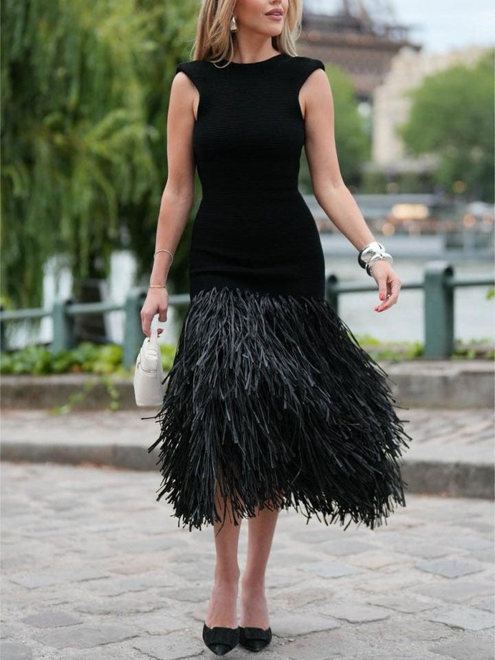 Black Glamorous Sleeveless Tassels Midi Dress