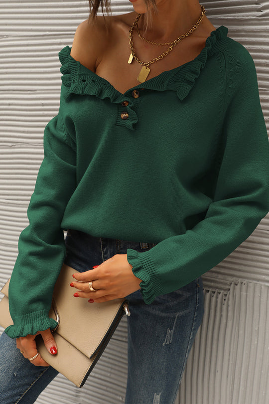 Chic Long Sleeve Button Down Ruffle Knit Pullover Sweater