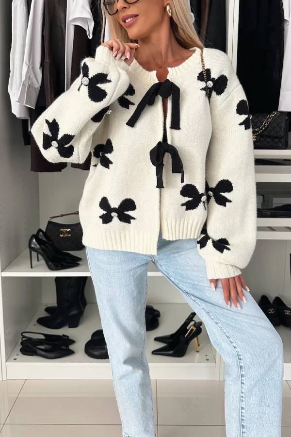 Bow Pattern Front Tie-up Long Sleeve Loose Cardigan