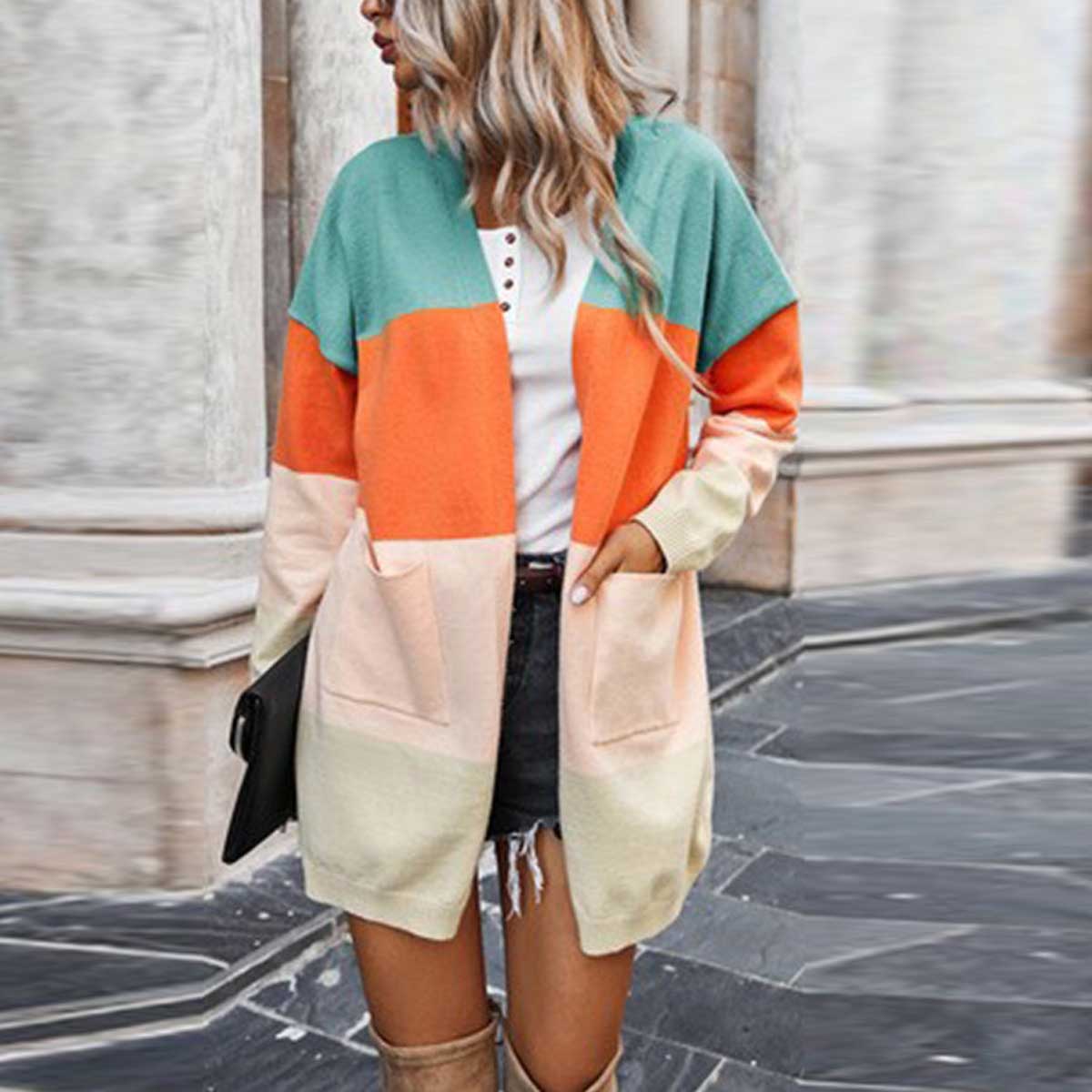 Contrasting rainbow paneled striped long cardigan sweater with pockets