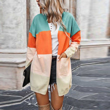 Load image into Gallery viewer, Contrasting rainbow paneled striped long cardigan sweater with pockets
