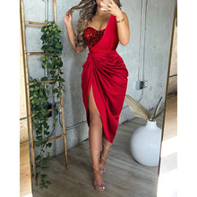 Load image into Gallery viewer, Elegant Spaghetti Strap Ruched Irregular Split Side Midi Dress
