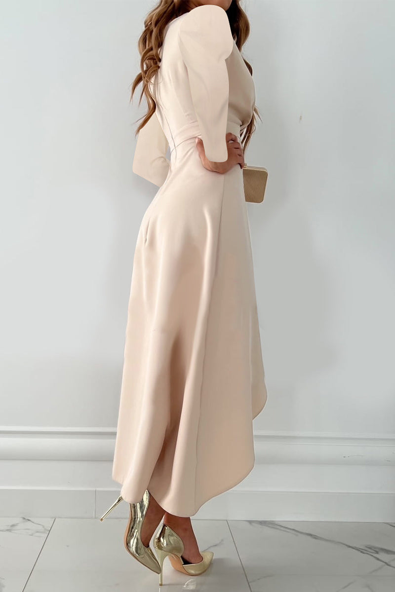 Fashion V Neck Long Sleeves Asymmetrical Midi Dress