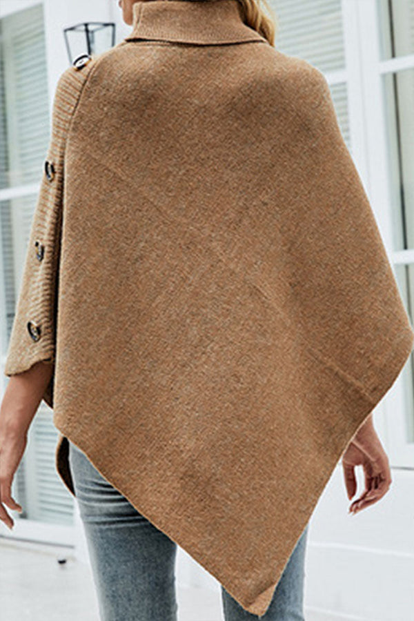 Elegant Buttons Asymmetrical Turtleneck Sweater Cape Outerwear