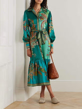 Load image into Gallery viewer, Refined Collar Long Lantern Sleeves Buttons Down Ruffled Midi Dress
